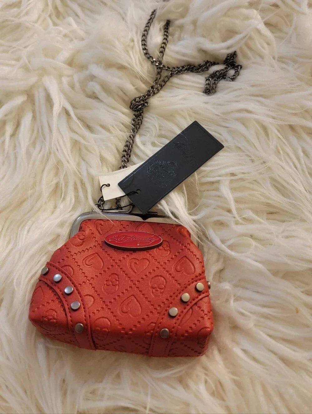 🆕️👛Ed Hardy Y2K Heart & Skull Embossed Kisslock Clutch With Chain Strap